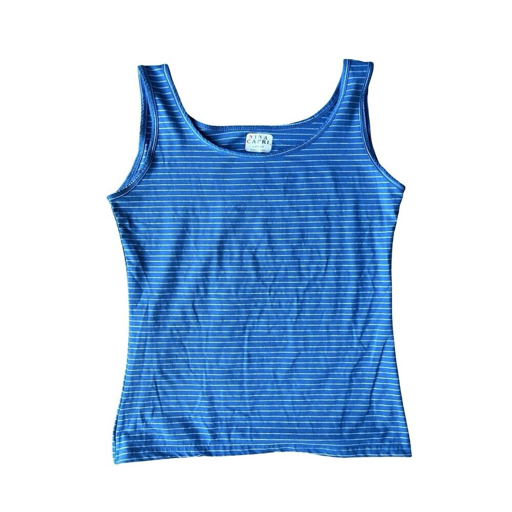 Nina Capri Tank Top Women’s Large Blue Striped Sleeveless Stretch Casual Y2K